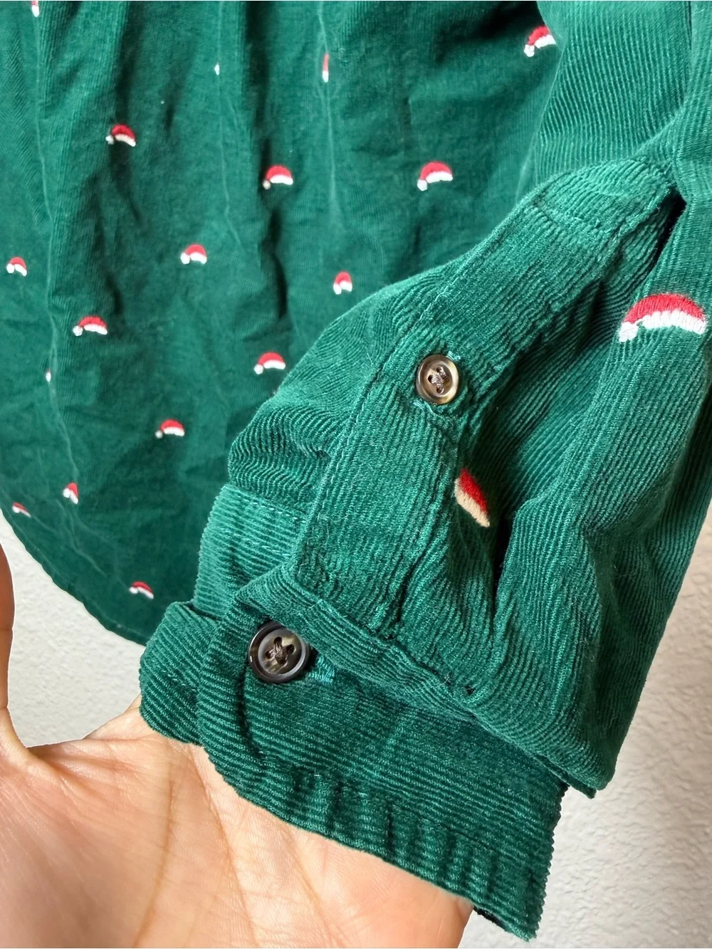 Gymboree Boys Size 12 Green Corduroy Santa Hat Christmas Holiday Button Up Shirt